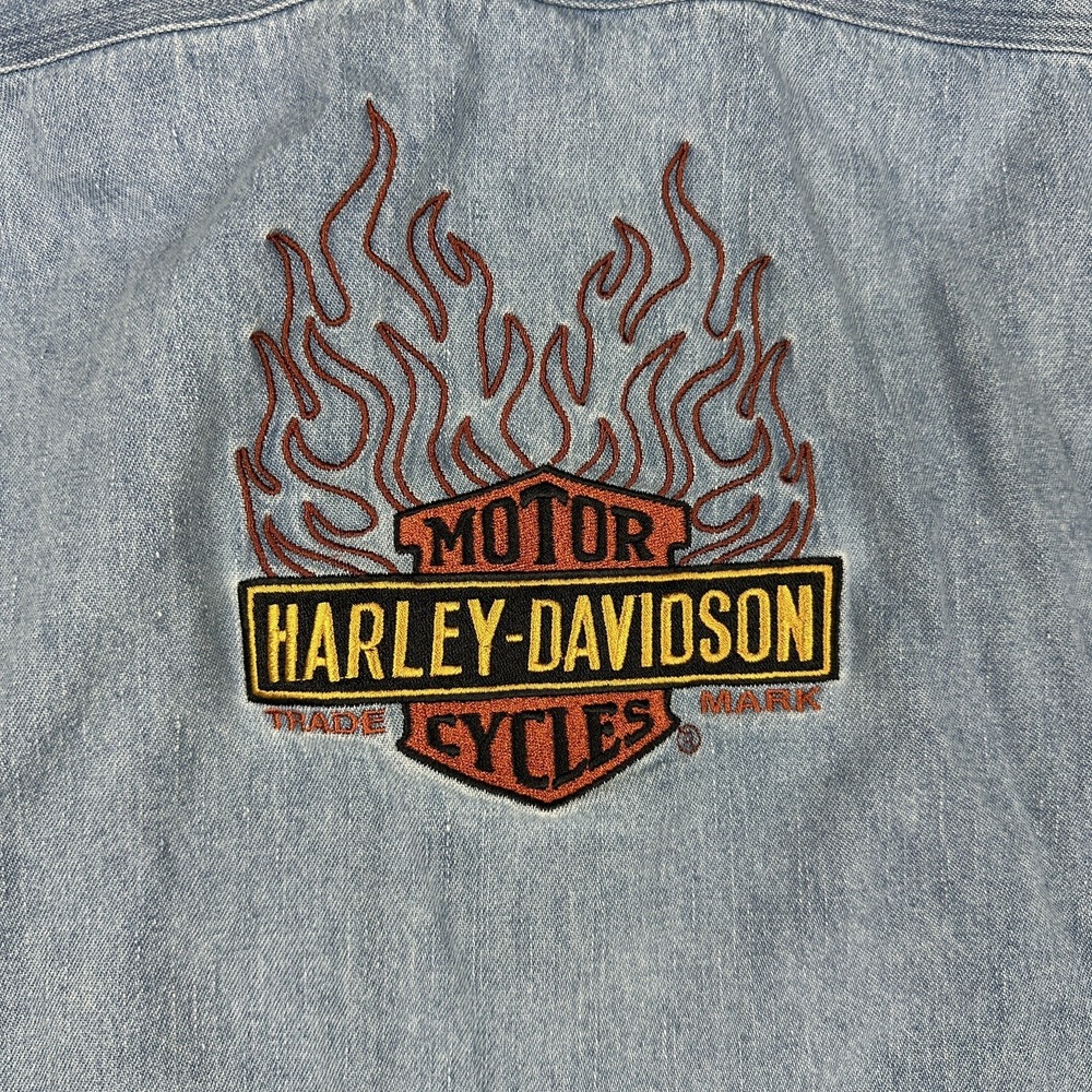 Harley Davidson Shirt Mens Large Blue Denim Embroidered Eagle Motorcycle Biker